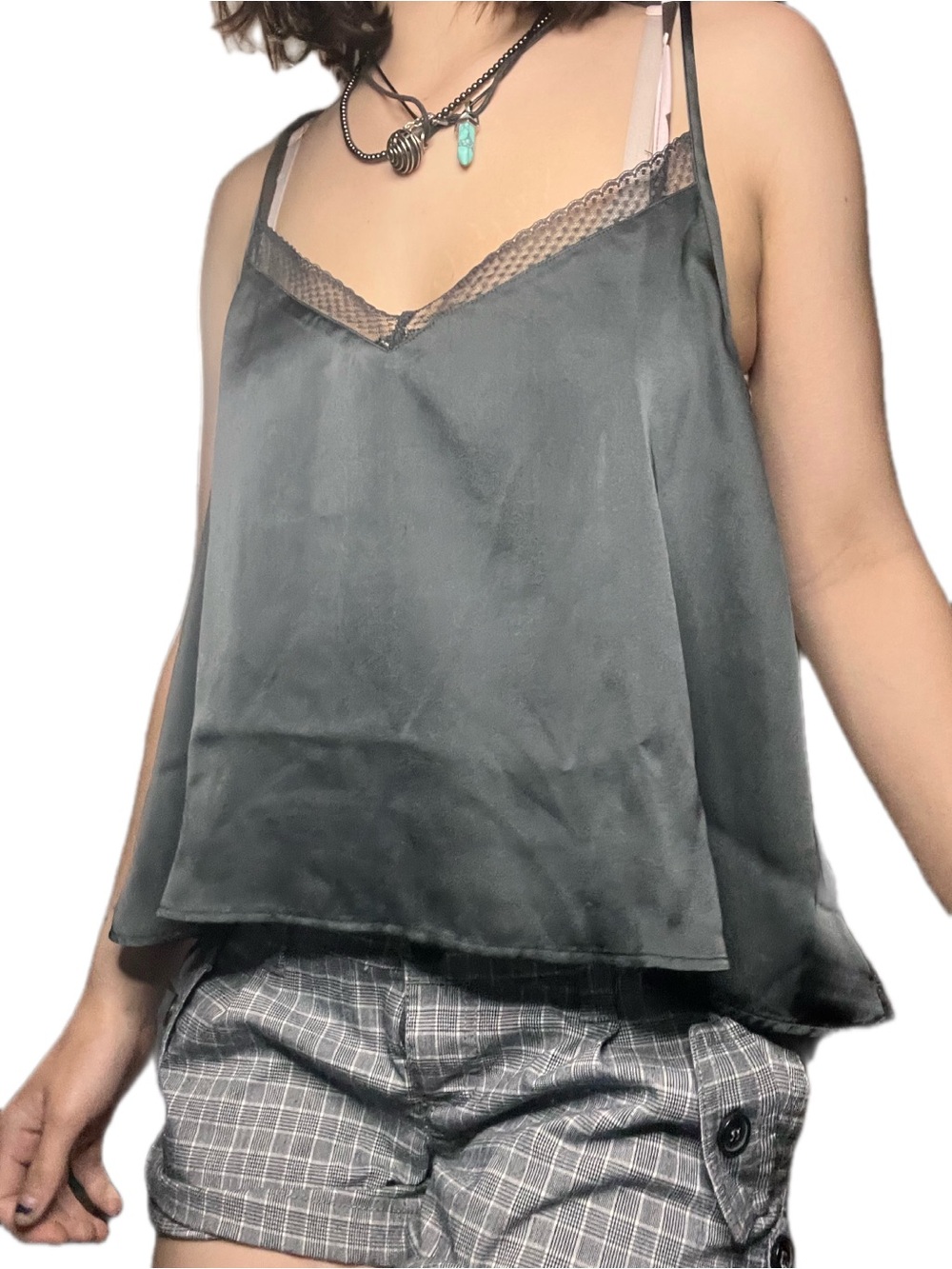 aerie Black Satin Lace Trim Spaghetti Strap Cami
